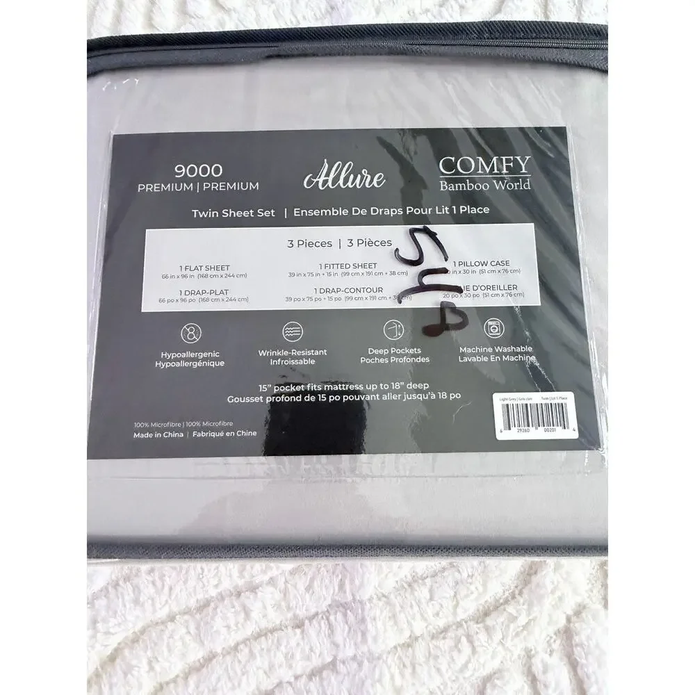 Comfy Bamboo World Premium 9000 Grey Sheets Twin Size Brand New